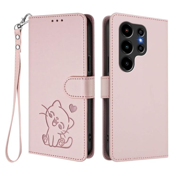 For Blackview Wave 10 Embossed Heart Cat Leather Phone Case with Hand Strap