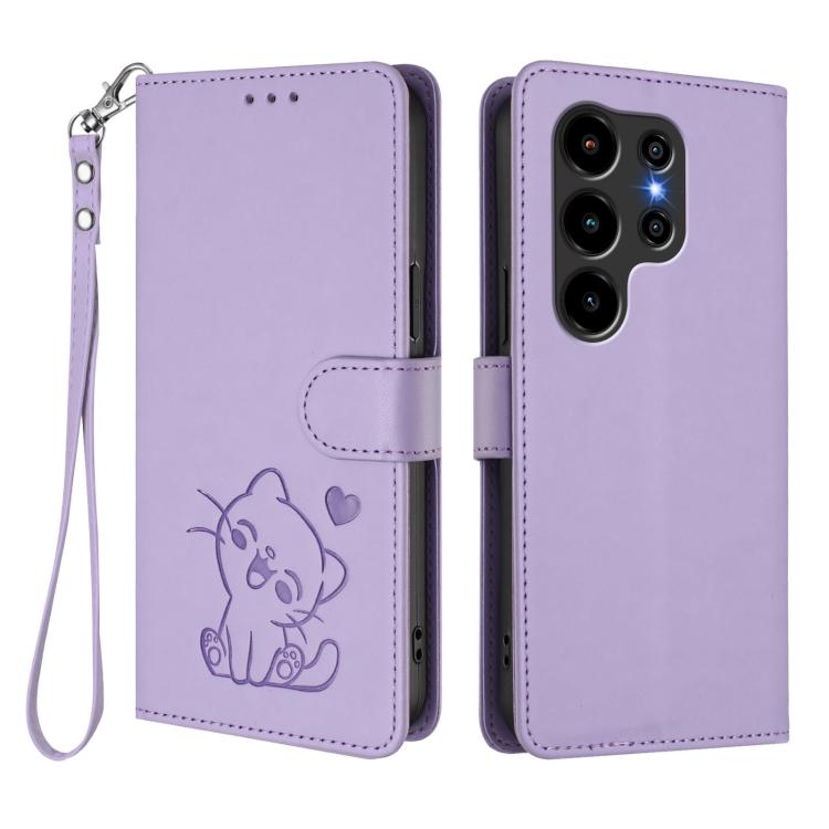 For Blackview Wave 10 Embossed Heart Cat Leather Phone Case with Hand Strap
