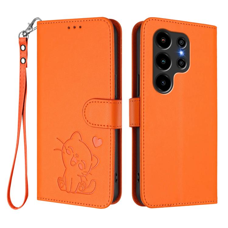 For Blackview Wave 10 Embossed Heart Cat Leather Phone Case with Hand Strap
