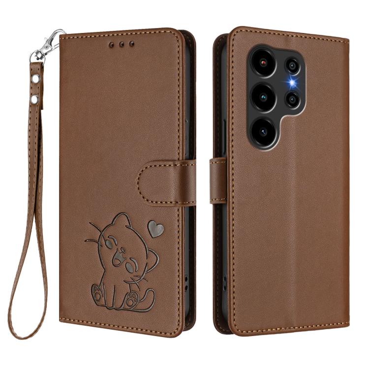 For Blackview Wave 10 Embossed Heart Cat Leather Phone Case with Hand Strap