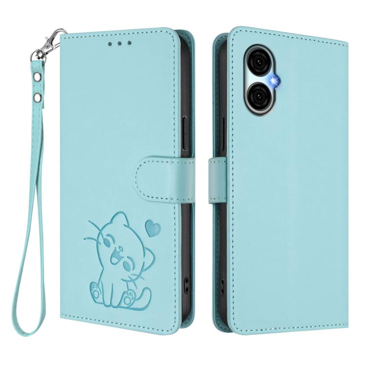 For BLU G53 Embossed Heart Cat Leather Phone Case with Hand Strap