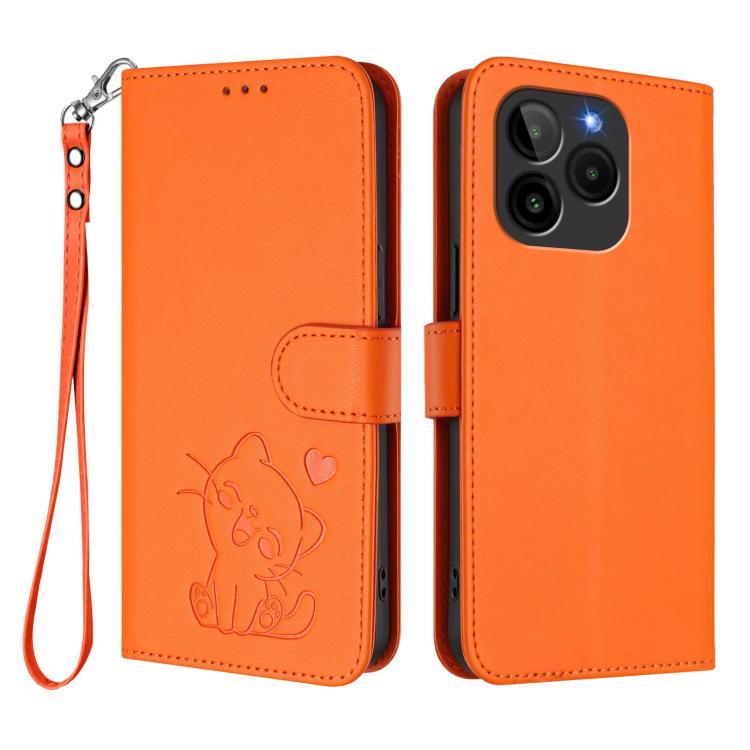 For BLU G54 Embossed Heart Cat Leather Phone Case with Hand Strap
