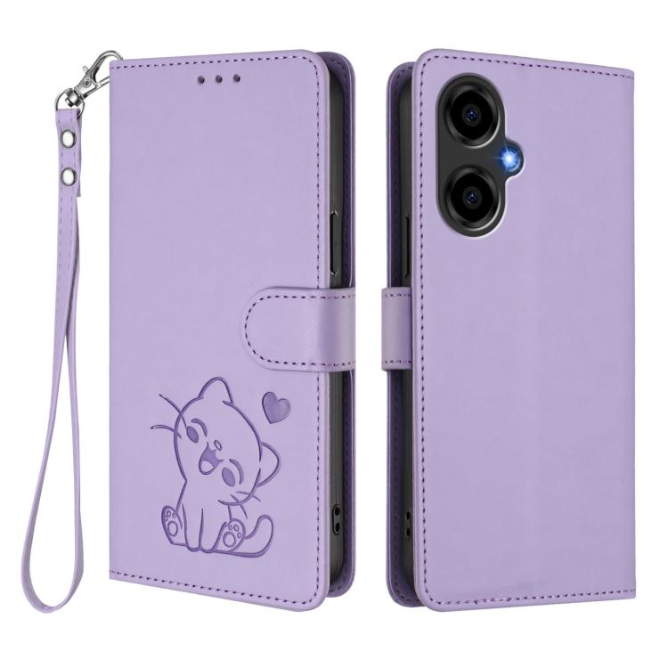 For BLU G64 Embossed Heart Cat Leather Phone Case with Hand Strap