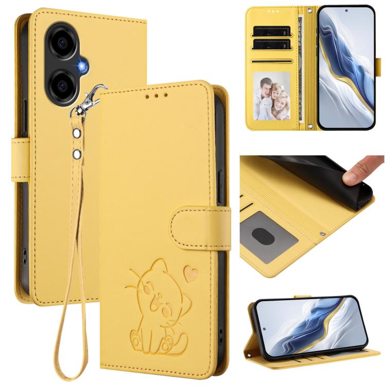 For BLU G64 Embossed Heart Cat Leather Phone Case with Hand Strap