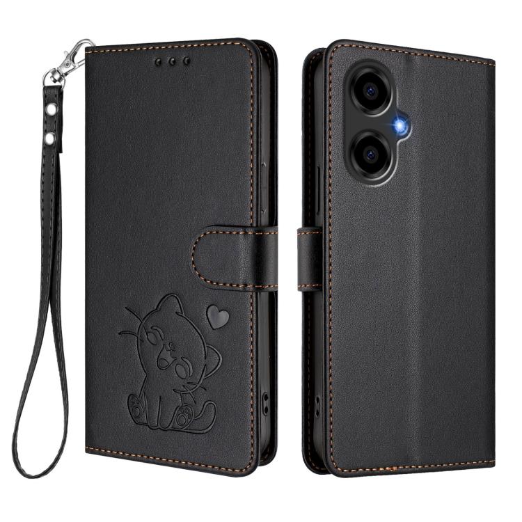 For BLU G64 Embossed Heart Cat Leather Phone Case with Hand Strap