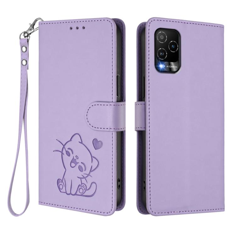 For BLU View 5 Pro Embossed Heart Cat Leather Phone Case with Hand Strap