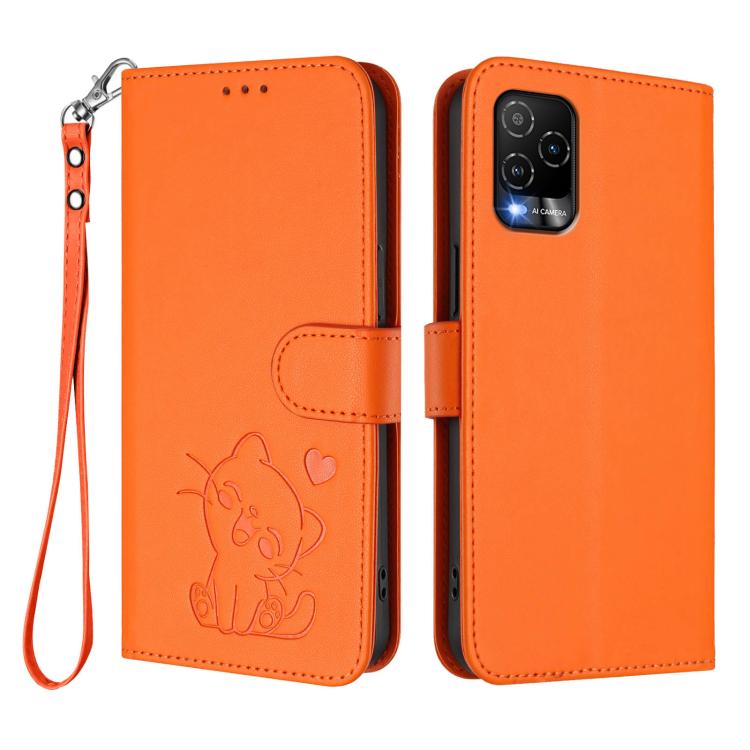 For BLU View 5 Pro Embossed Heart Cat Leather Phone Case with Hand Strap