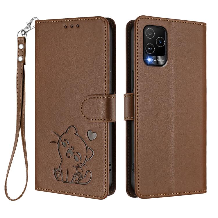 For BLU View 5 Pro Embossed Heart Cat Leather Phone Case with Hand Strap
