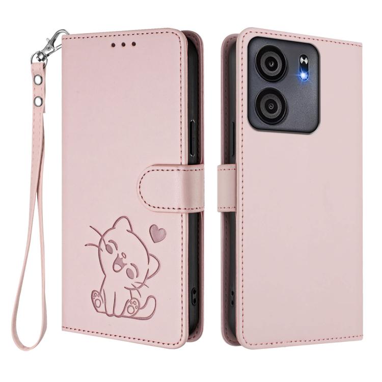 For BLU View 5 Embossed Heart Cat Leather Phone Case with Hand Strap