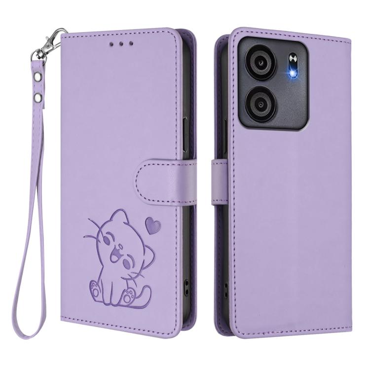 For BLU View 5 Embossed Heart Cat Leather Phone Case with Hand Strap