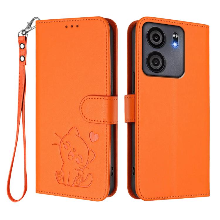 For BLU View 5 Embossed Heart Cat Leather Phone Case with Hand Strap