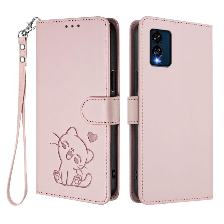 For BLU View Speed 5G B1550VL Embossed Heart Cat Leather Phone Case with Hand Strap