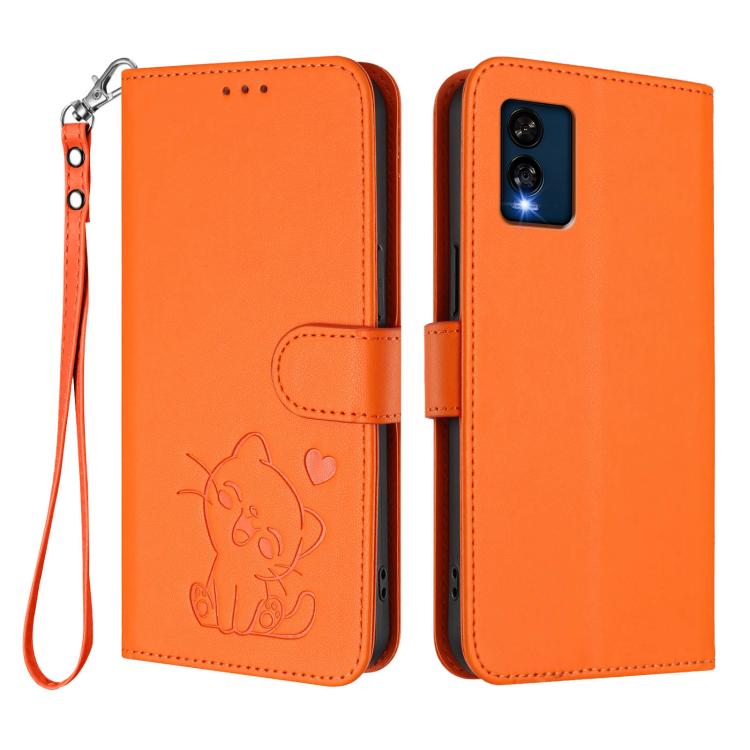 For BLU View Speed 5G B1550VL Embossed Heart Cat Leather Phone Case with Hand Strap