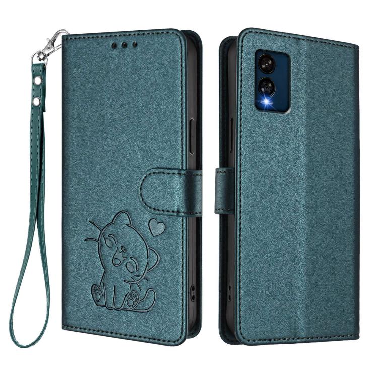 For BLU View Speed 5G B1550VL Embossed Heart Cat Leather Phone Case with Hand Strap