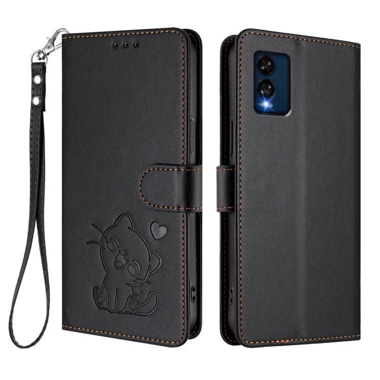 For BLU View Speed 5G B1550VL Embossed Heart Cat Leather Phone Case with Hand Strap