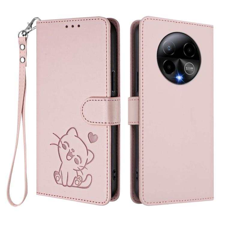 For BLU Bold K50 Embossed Heart Cat Leather Phone Case with Hand Strap