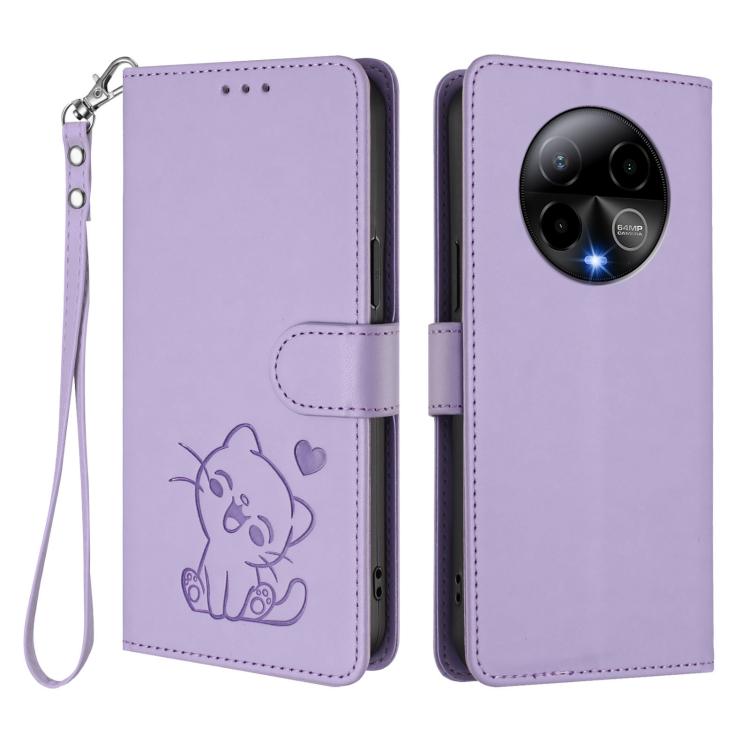 For BLU Bold K50 Embossed Heart Cat Leather Phone Case with Hand Strap