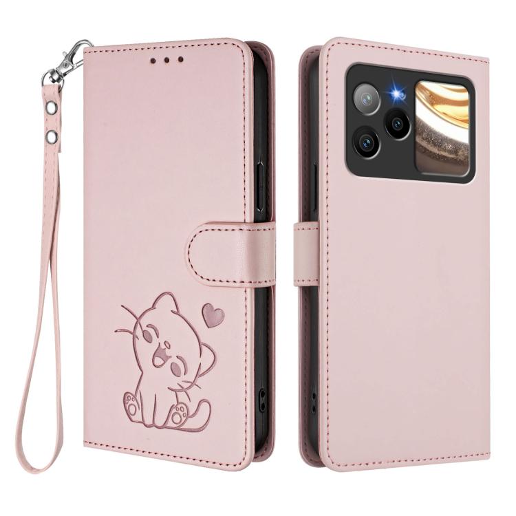 For BLU Bold N4 Embossed Heart Cat Leather Phone Case with Hand Strap