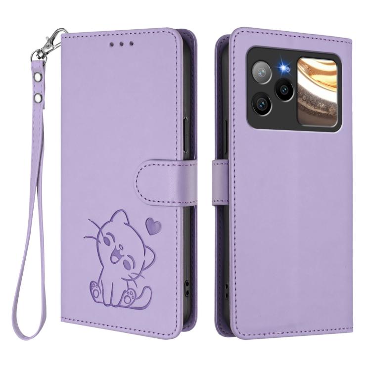 For BLU Bold N4 Embossed Heart Cat Leather Phone Case with Hand Strap