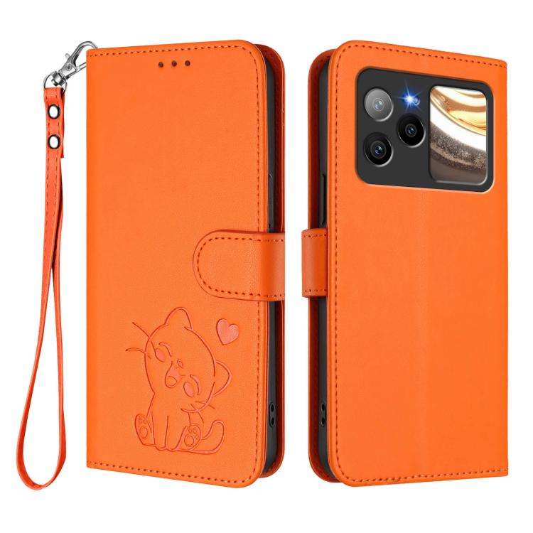 For BLU Bold N4 Embossed Heart Cat Leather Phone Case with Hand Strap