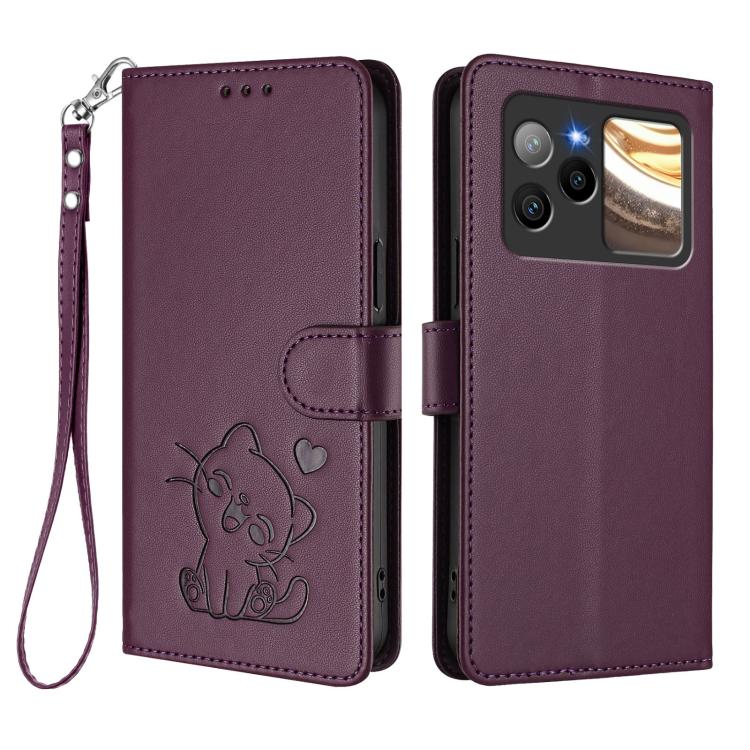 For BLU Bold N4 Embossed Heart Cat Leather Phone Case with Hand Strap