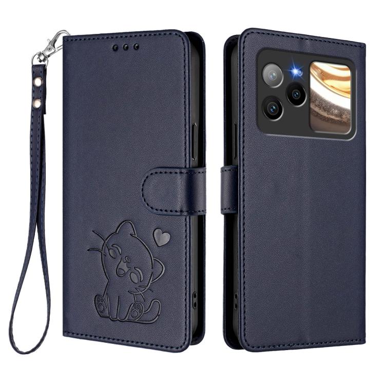 For BLU Bold N4 Embossed Heart Cat Leather Phone Case with Hand Strap
