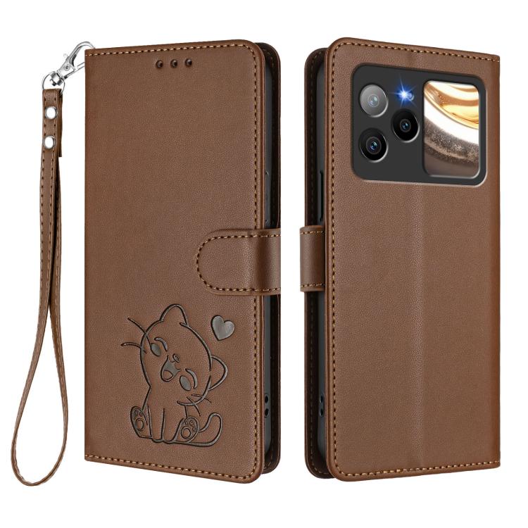 For BLU Bold N4 Embossed Heart Cat Leather Phone Case with Hand Strap
