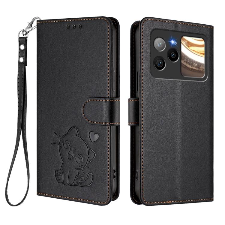 For BLU Bold N4 Embossed Heart Cat Leather Phone Case with Hand Strap