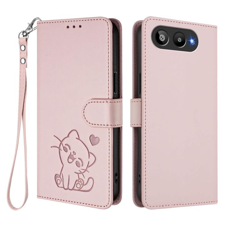 For BLU G95 Embossed Heart Cat Leather Phone Case with Hand Strap