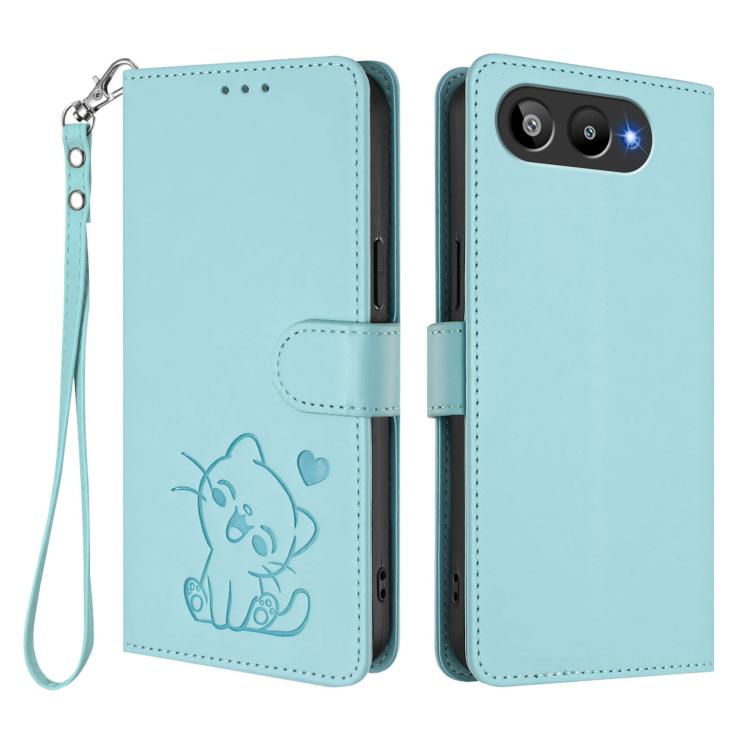 For BLU G95 Embossed Heart Cat Leather Phone Case with Hand Strap