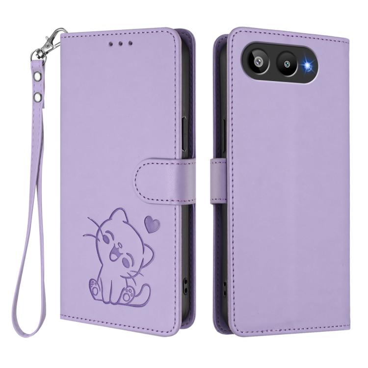 For BLU G95 Embossed Heart Cat Leather Phone Case with Hand Strap