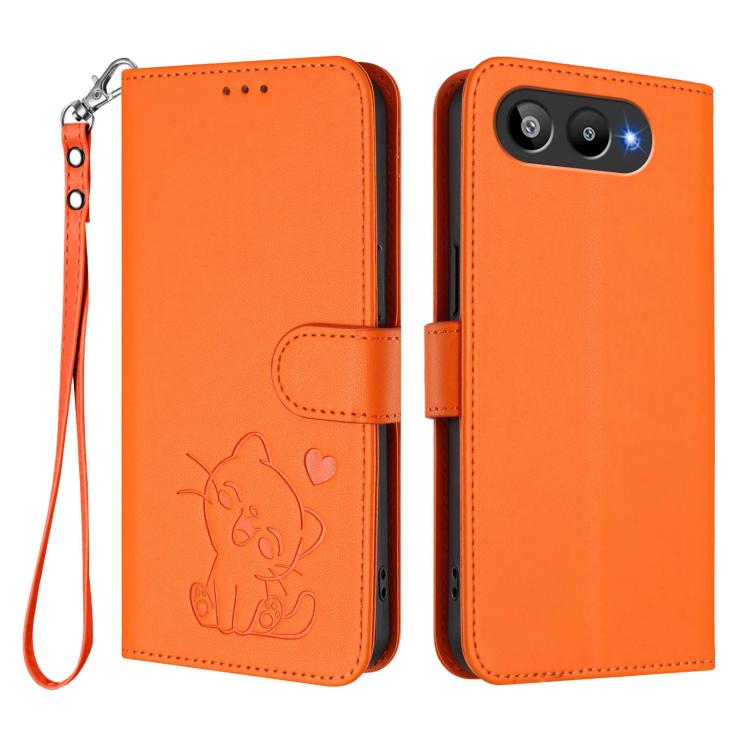 For BLU G95 Embossed Heart Cat Leather Phone Case with Hand Strap