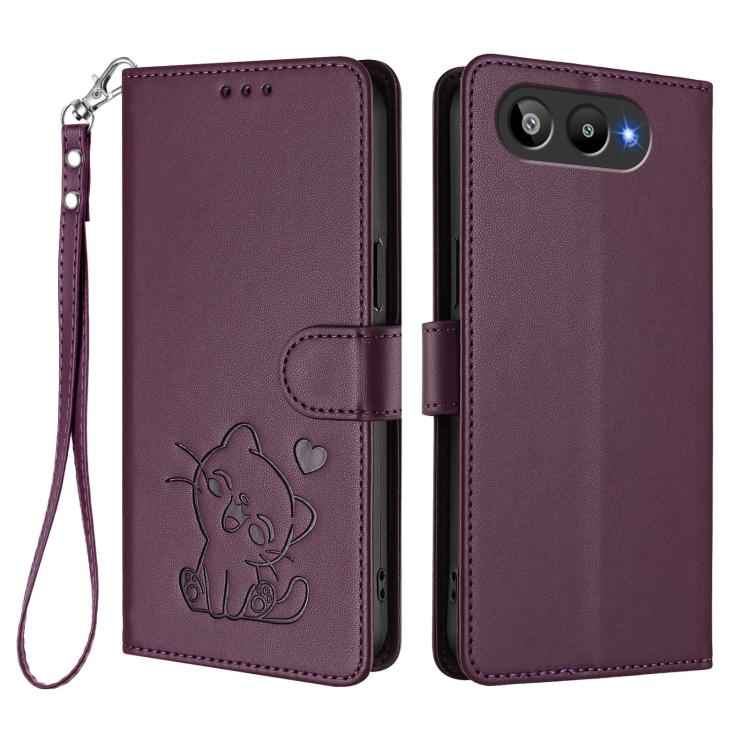 For BLU G95 Embossed Heart Cat Leather Phone Case with Hand Strap