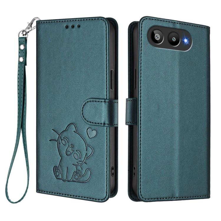 For BLU G95 Embossed Heart Cat Leather Phone Case with Hand Strap