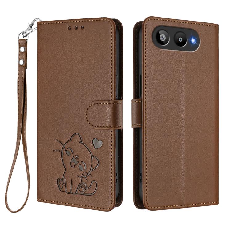 For BLU G95 Embossed Heart Cat Leather Phone Case with Hand Strap