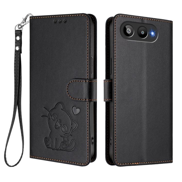 For BLU G95 Embossed Heart Cat Leather Phone Case with Hand Strap