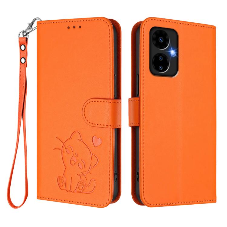 For Boost Mobile Celero 5G 2024 / 3 5G Embossed Heart Cat Leather Phone Case with Hand Strap