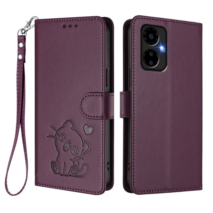 For Boost Mobile Celero 5G 2024 / 3 5G Embossed Heart Cat Leather Phone Case with Hand Strap