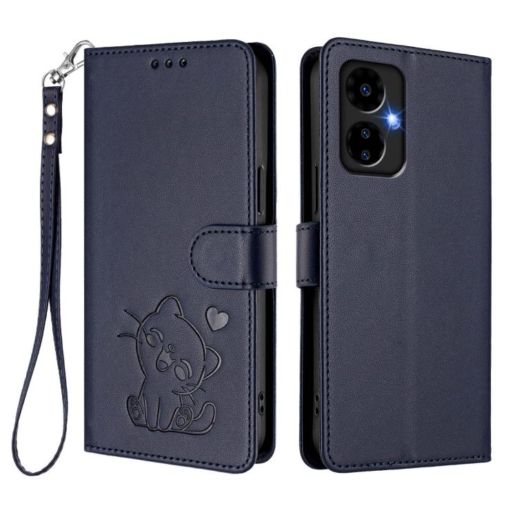 For Boost Mobile Celero 5G 2024 / 3 5G Embossed Heart Cat Leather Phone Case with Hand Strap