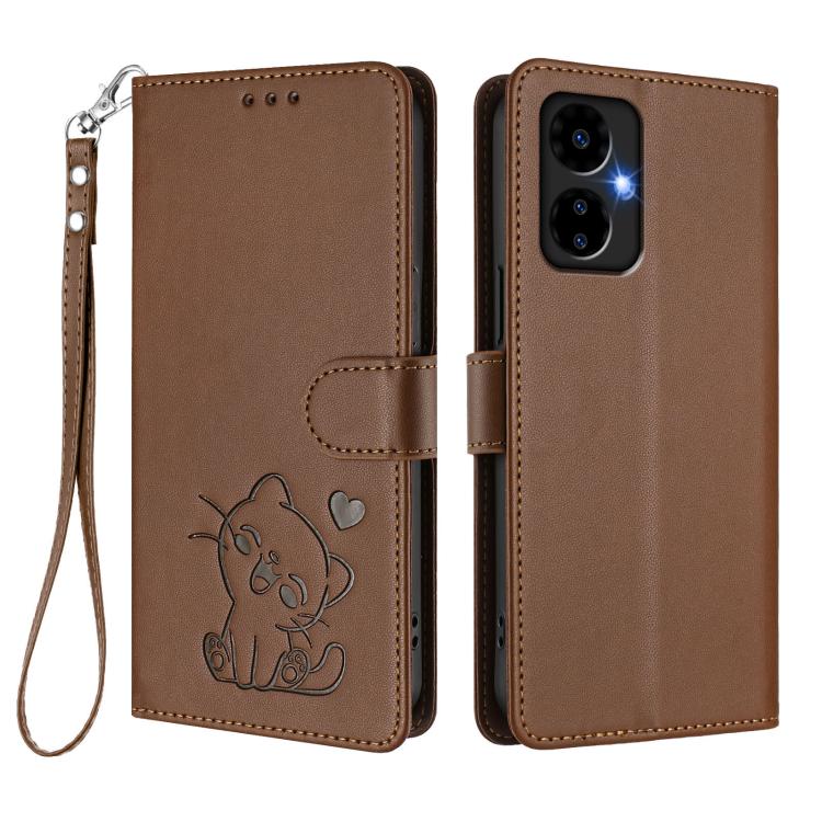 For Boost Mobile Celero 5G 2024 / 3 5G Embossed Heart Cat Leather Phone Case with Hand Strap
