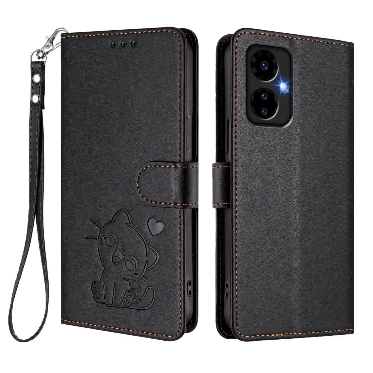 For Boost Mobile Celero 5G 2024 / 3 5G Embossed Heart Cat Leather Phone Case with Hand Strap