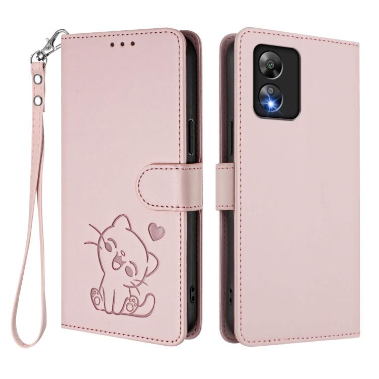 For Boost Mobile Celero 5G SC / SN339D Embossed Heart Cat Leather Phone Case with Hand Strap