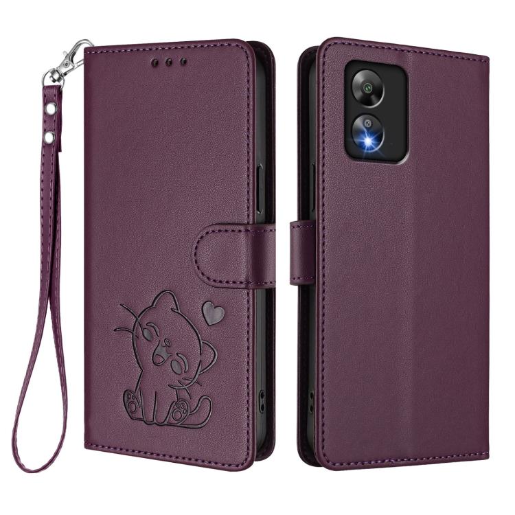 For Boost Mobile Celero 5G SC / SN339D Embossed Heart Cat Leather Phone Case with Hand Strap