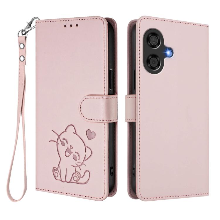 For Coolpad Cool 40i Embossed Heart Cat Leather Phone Case with Hand Strap