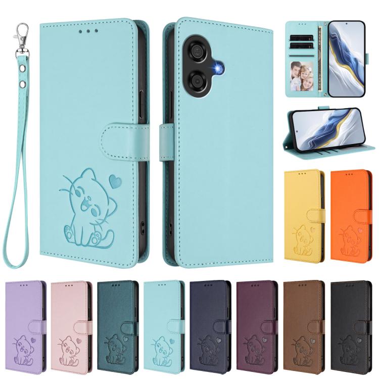 For Coolpad Cool 40i Embossed Heart Cat Leather Phone Case with Hand Strap
