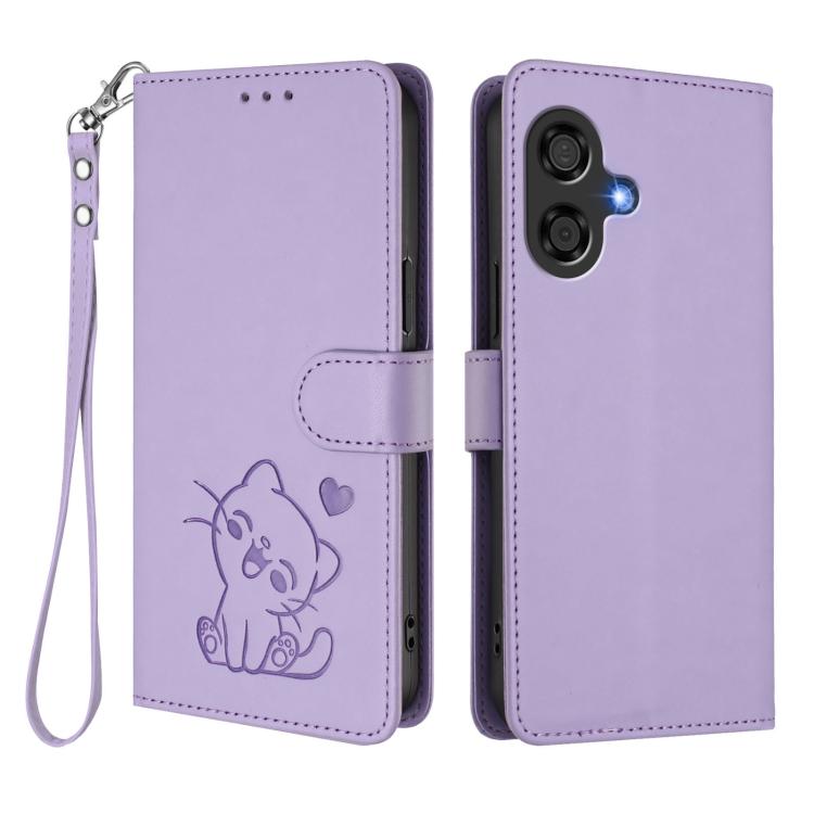 For Coolpad Cool 40i Embossed Heart Cat Leather Phone Case with Hand Strap