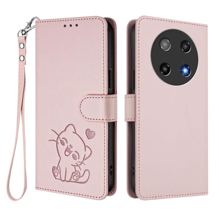 For Coolpad C16 Embossed Heart Cat Leather Phone Case with Hand Strap
