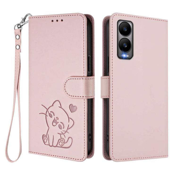 For Cricket Debut S3 Embossed Heart Cat Leather Phone Case with Hand Strap