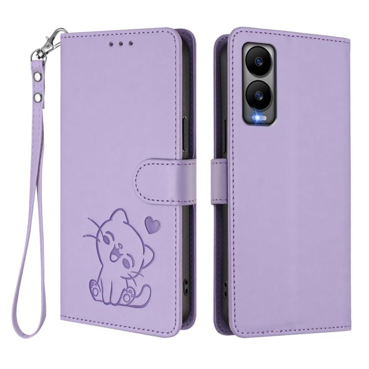 For Cricket Debut S3 Embossed Heart Cat Leather Phone Case with Hand Strap