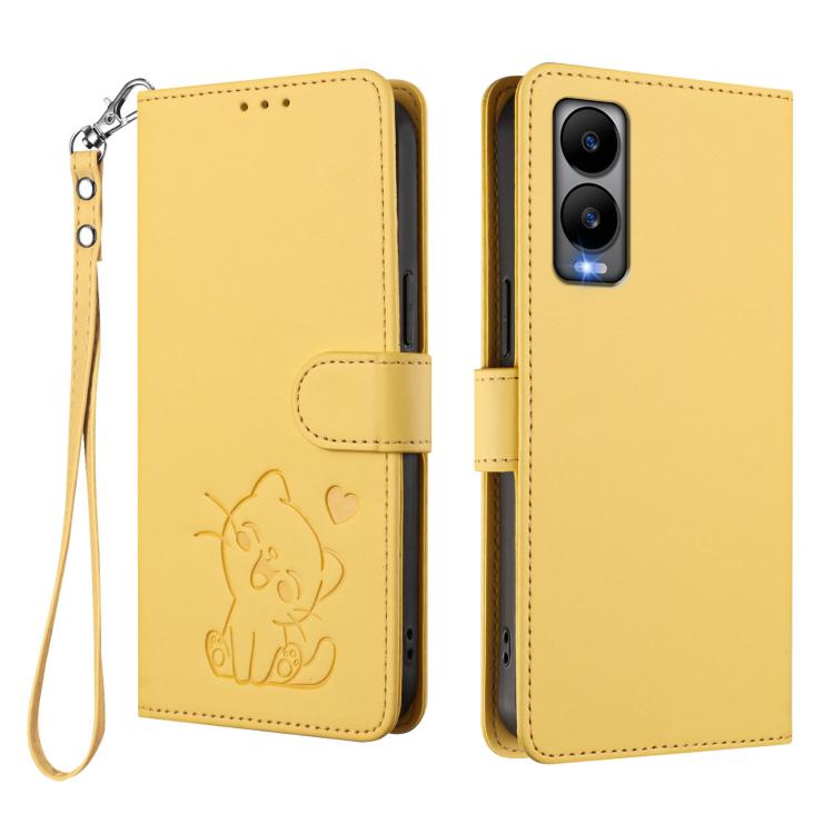 For Cricket Debut S3 Embossed Heart Cat Leather Phone Case with Hand Strap